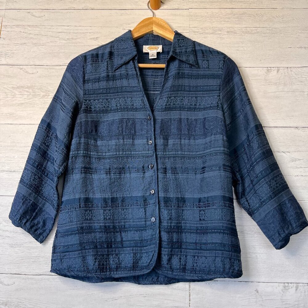 Talbots Blouse Top Womens Size 8 Dark Teal Square Button Down Embroidered Linen